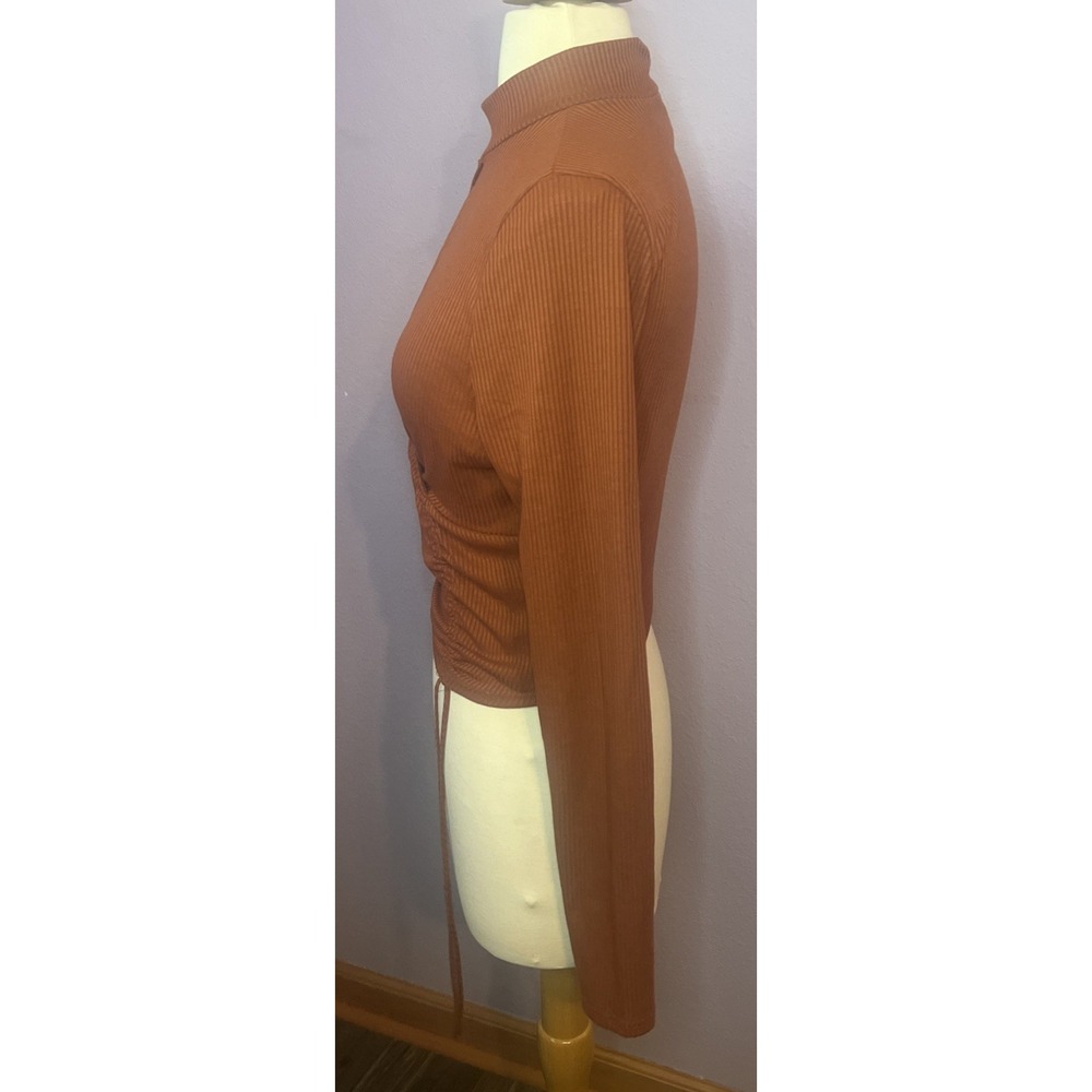 January 7 Rust Ribbed L/S Top Keyhole Cutout Ruched Drawstring Y2K Large - Picture 3 of 5